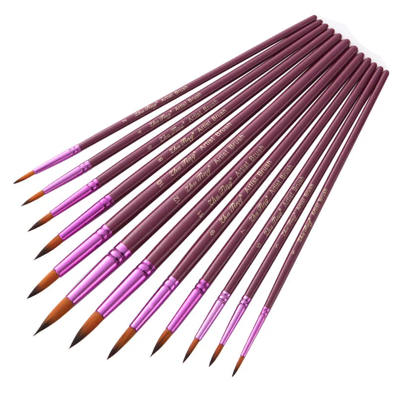 12 PCs Double Color Nylon Hair Purple Rod Gouache Watercolor Painting Pen Set