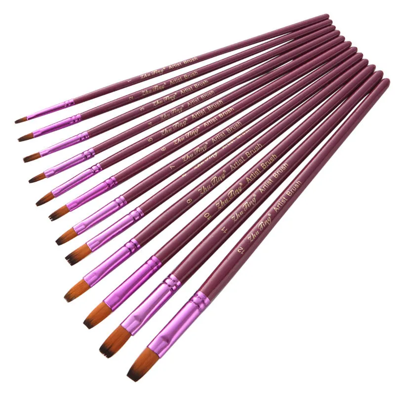 12 PCs Double Color Nylon Hair Purple Rod Gouache Watercolor Painting Pen Set