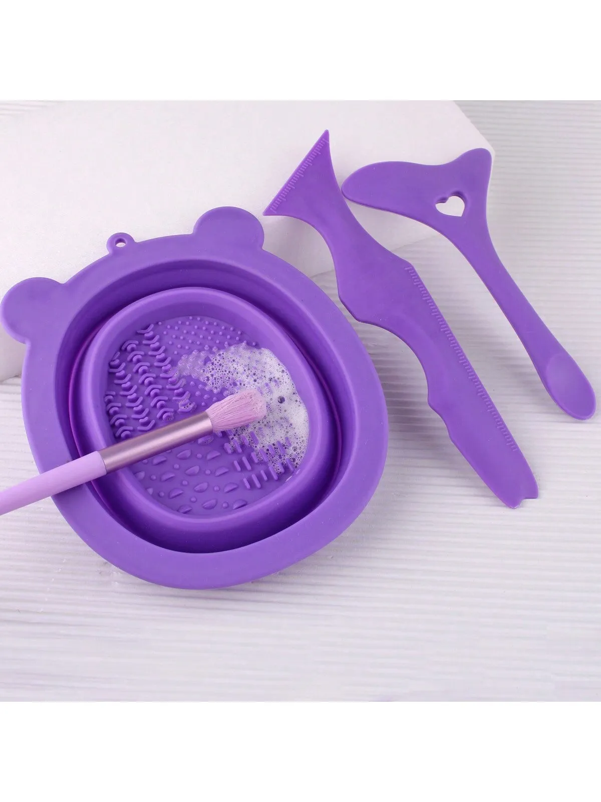 1pc Silicone Foldable Makeup Brush Cleaner, Beauty Tool, Powder Puff, Beauty Egg Cleaning Bowl, Purple Or Pink