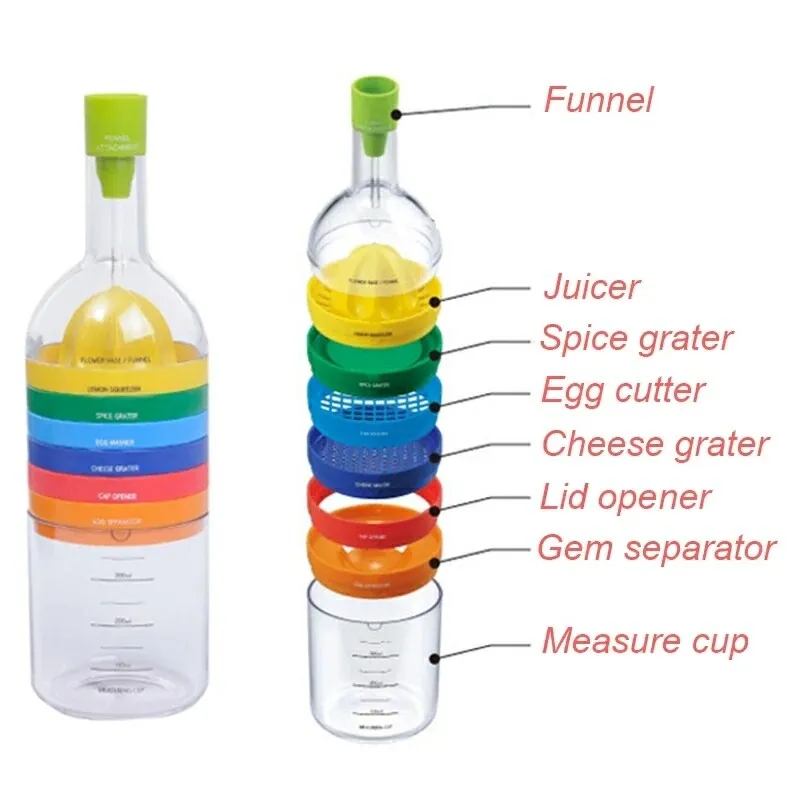 8 in 1 Kitchen Bottle Tool Set- Multi Kitchen Gadgets Maker(Funnel, Juicer Lemon squeezer, Spice grater, Egg masher, Cheese grater, Egg separator, Measuring cup, Can opener)