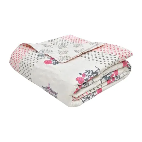 AARMOZY Cotton Jaipuri Razai Single Bed Hand Block Print Floral Quilt Blanket - Pink/Gery (Single Bed I)