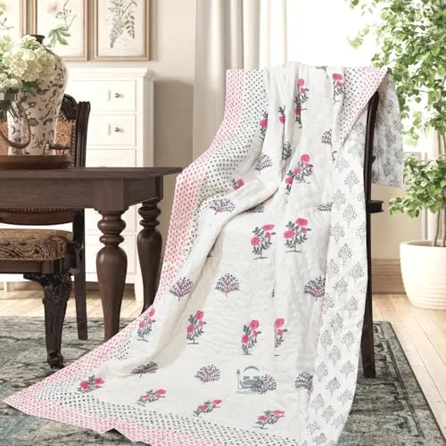 AARMOZY Cotton Jaipuri Razai Single Bed Hand Block Print Floral Quilt Blanket - Pink/Gery (Single Bed I)