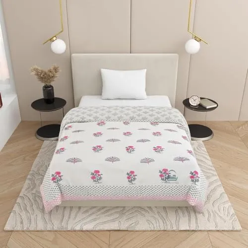 AARMOZY Cotton Jaipuri Razai Single Bed Hand Block Print Floral Quilt Blanket - Pink/Gery (Single Bed I)