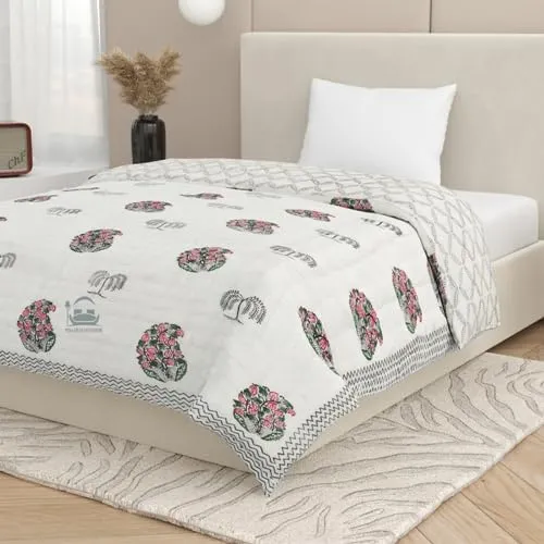 AARMOZY Pure Cotton Jaipuri Razai Single Bed Hand Block Floral Buta Bail Print Quilt Blanket - Multicolor (Single Bed C)