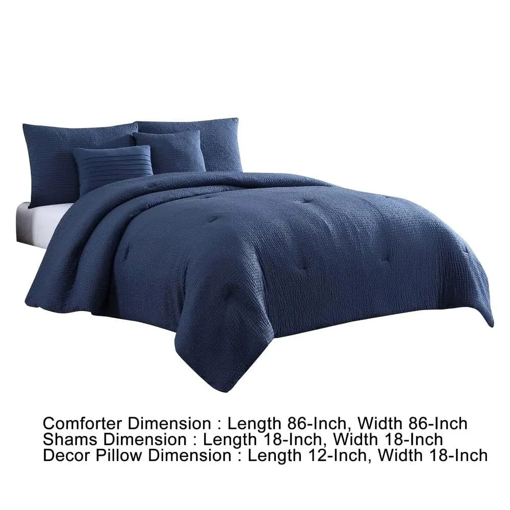 Alice 5 Piece Queen Comforter Set, Textured,  Navy Blue By Casagear Home