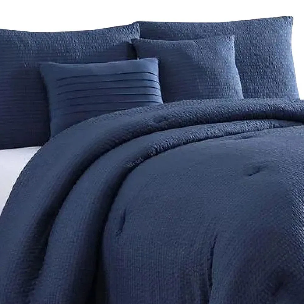 Alice 5 Piece Queen Comforter Set, Textured,  Navy Blue By Casagear Home