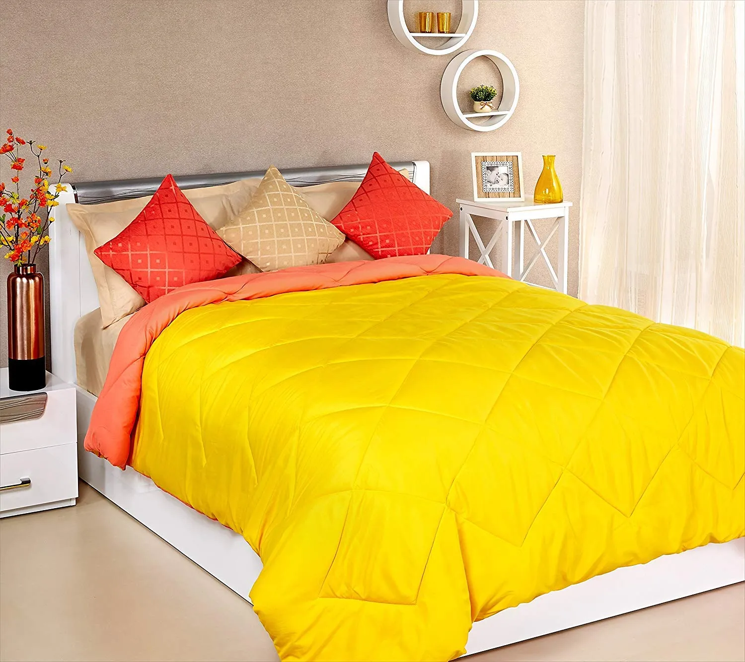 AMZ Microfiber 300 TC Reversible Blanket (Yellow & Orange_King)