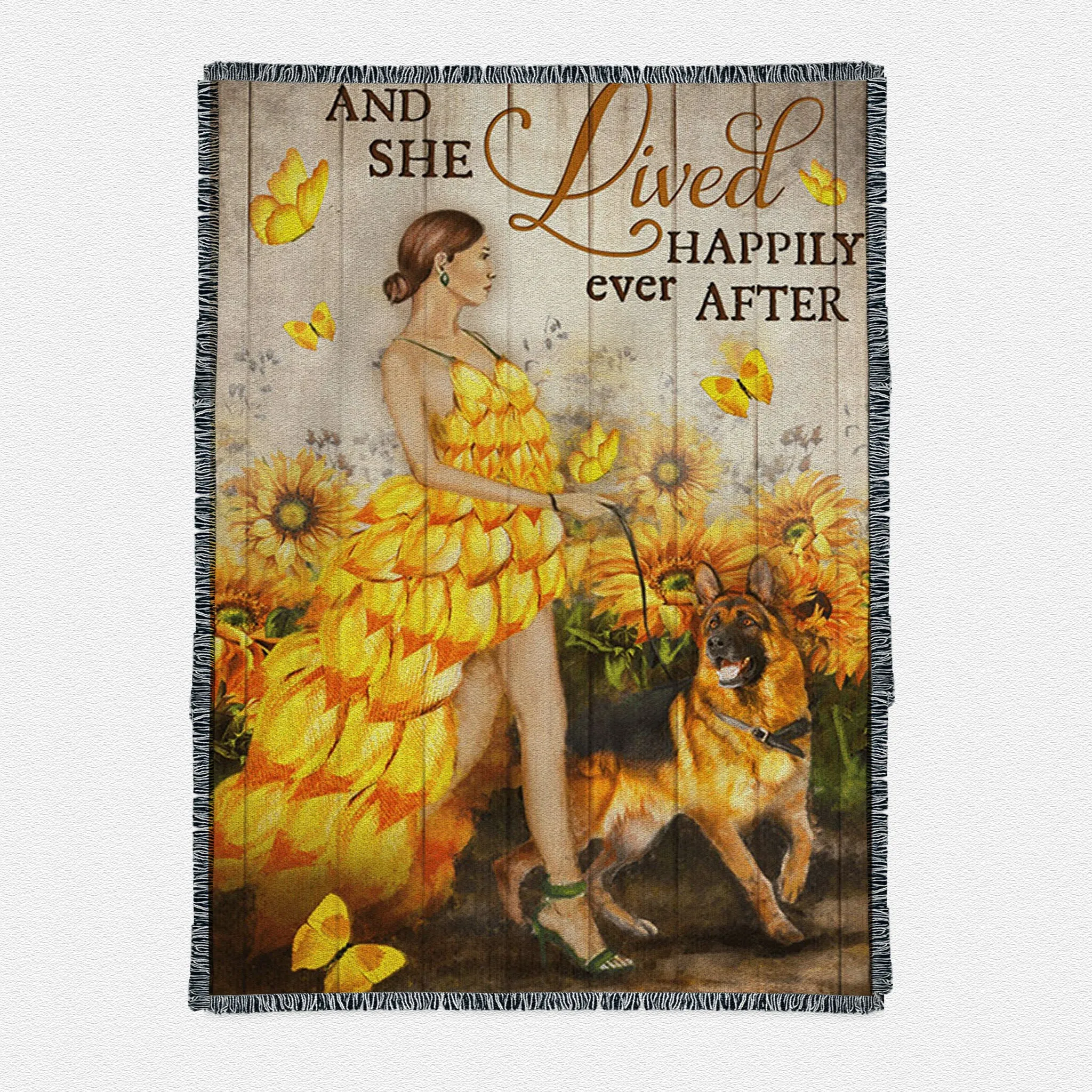 And She Lived Happily Ever After Beautiful Girl German Shepherd Woven Throw Boho Blanket - Religious Woven Throw Blanket Prints