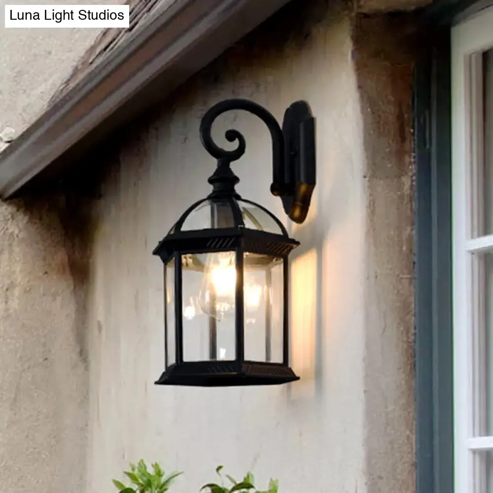 Antique Black Patio Wall Light: Clear Glass Pavilion Wall Lighting with 1 Bulb