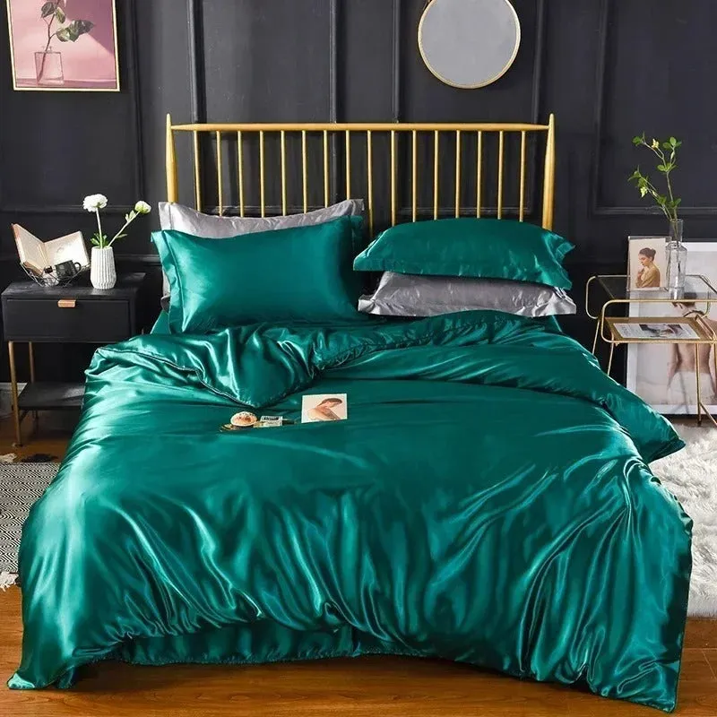 Anyhouz Beddings Green 140X210cm 2 Pcs High End Satin Smooth Duvet Cover Set Luxury Polyester Silky Soft Cozy Bedding Set