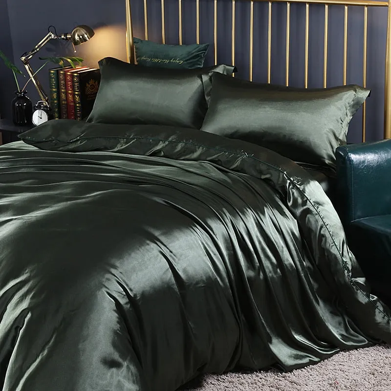 Anyhouz Beddings Green 140X210cm 2 Pcs High End Satin Smooth Duvet Cover Set Luxury Polyester Silky Soft Cozy Bedding Set