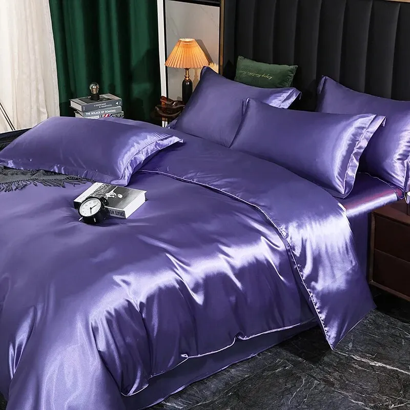 Anyhouz Beddings Lilac EU Double Size 3 Pcs High End Satin Smooth Duvet Cover Set Luxury Polyester Silky Soft Cozy Bedding Set