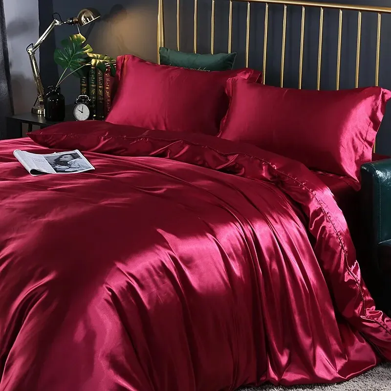 Anyhouz Beddings Magenta AU EU King Size 3 Pc High End Satin Smooth Duvet Cover Set Luxury Polyester Silky Soft Cozy Bedding Set