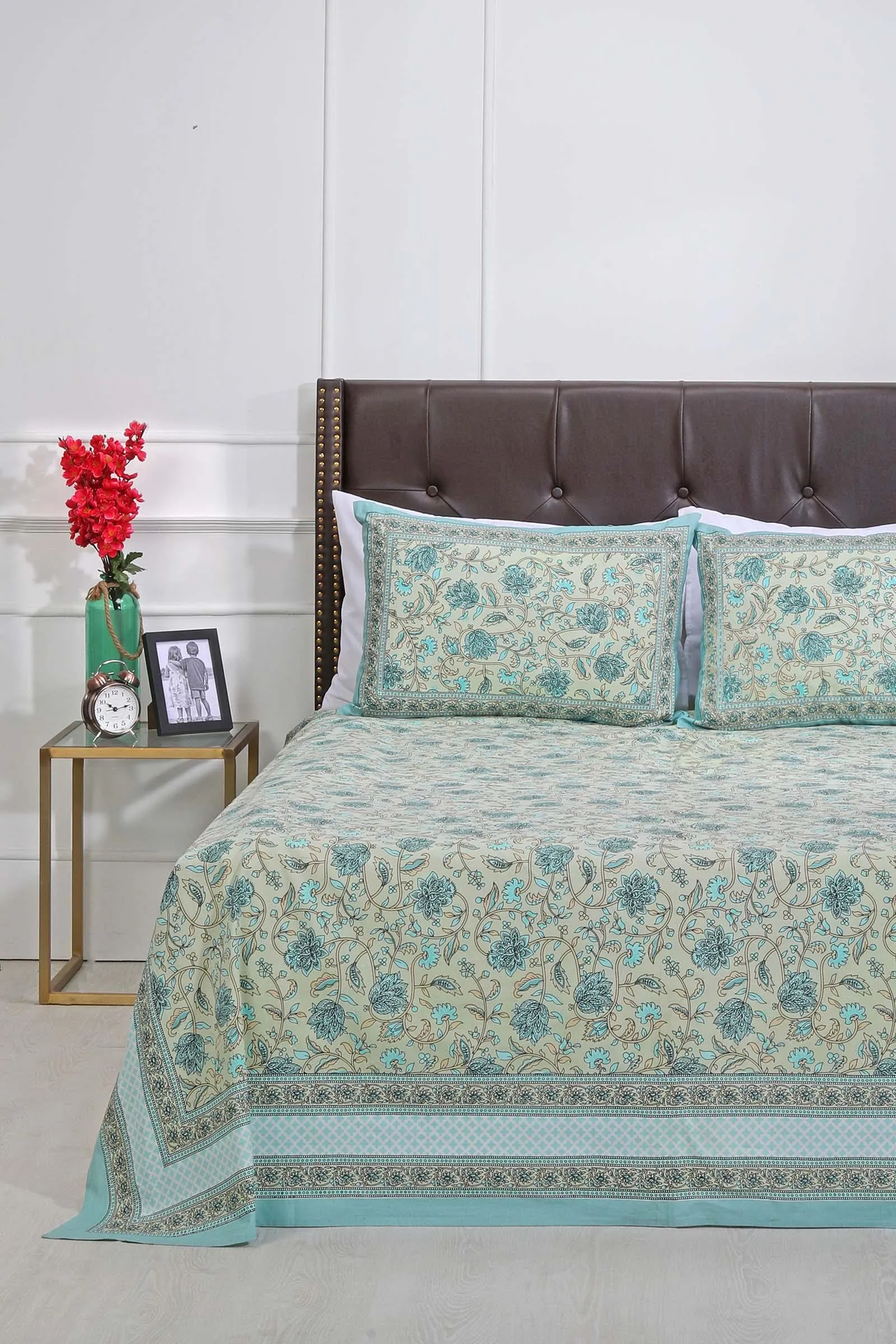 Aqua Rose Flower Cotton Bedsheet