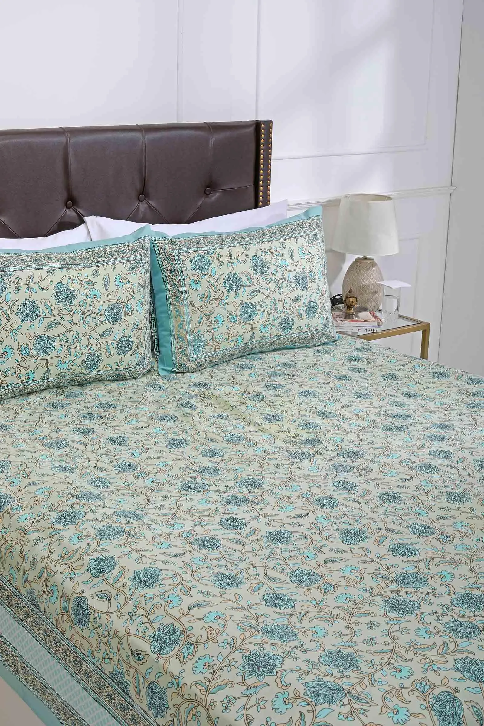 Aqua Rose Flower Cotton Bedsheet