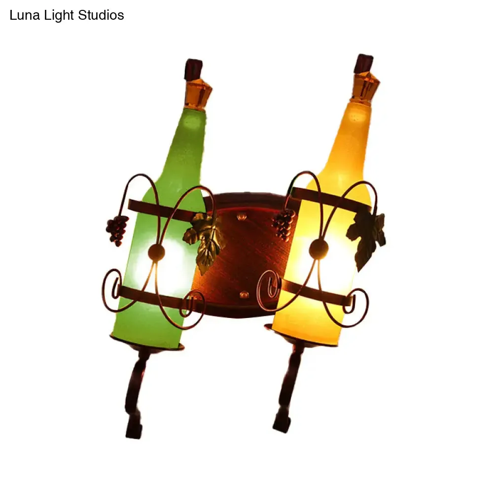 Art Deco Wall Mount Lighting with Wine Rack Backplate - 2 Bulbs, Yellow/Green/Red/White Glass, Copper Finish