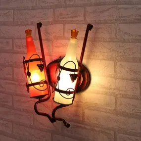 Art Deco Wall Mount Lighting with Wine Rack Backplate - 2 Bulbs, Yellow/Green/Red/White Glass, Copper Finish