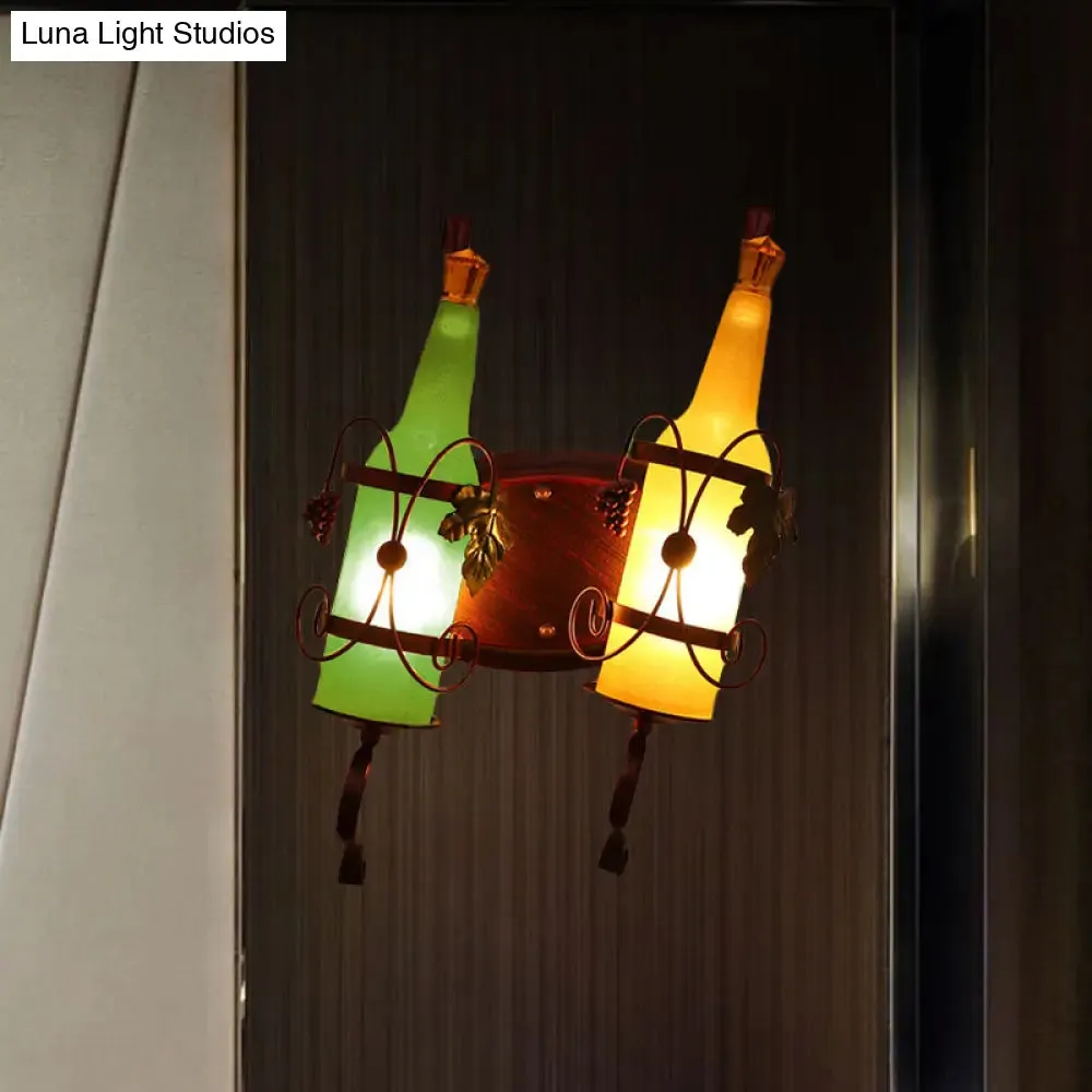 Art Deco Wall Mount Lighting with Wine Rack Backplate - 2 Bulbs, Yellow/Green/Red/White Glass, Copper Finish