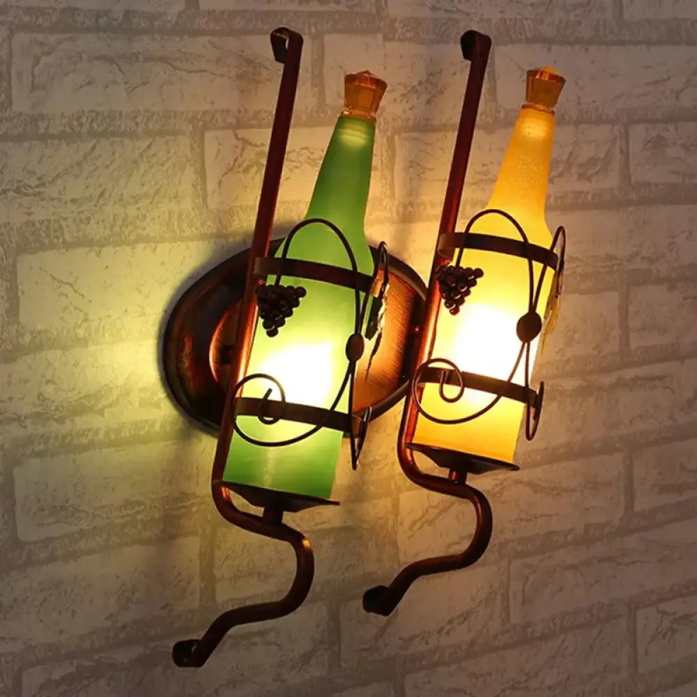 Art Deco Wall Mount Lighting with Wine Rack Backplate - 2 Bulbs, Yellow/Green/Red/White Glass, Copper Finish