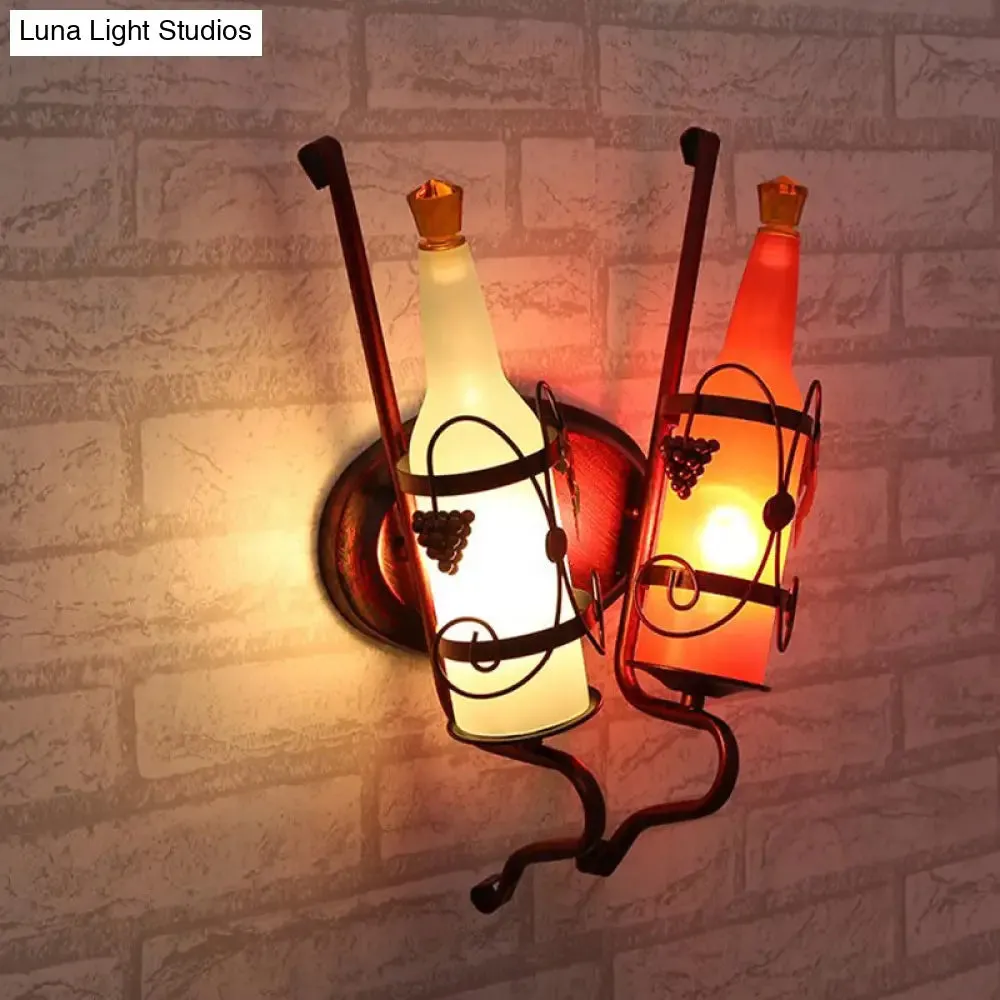 Art Deco Wall Mount Lighting with Wine Rack Backplate - 2 Bulbs, Yellow/Green/Red/White Glass, Copper Finish