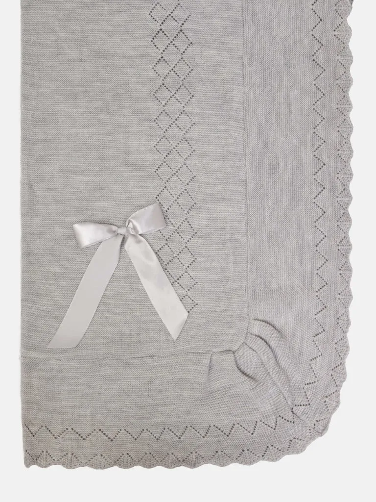 Baby Diamond Knitted Spanish Blanket with Satin Bow-Grey