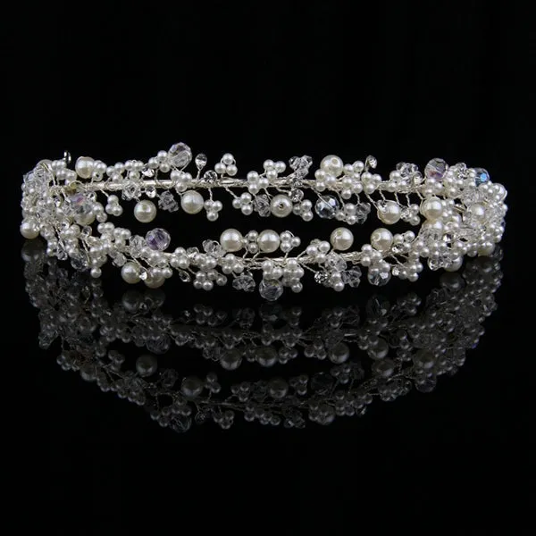 Baroque Style Bridal Crystal Pearl Flower Rhinestone Wedding Hair Accessories Silver Headband