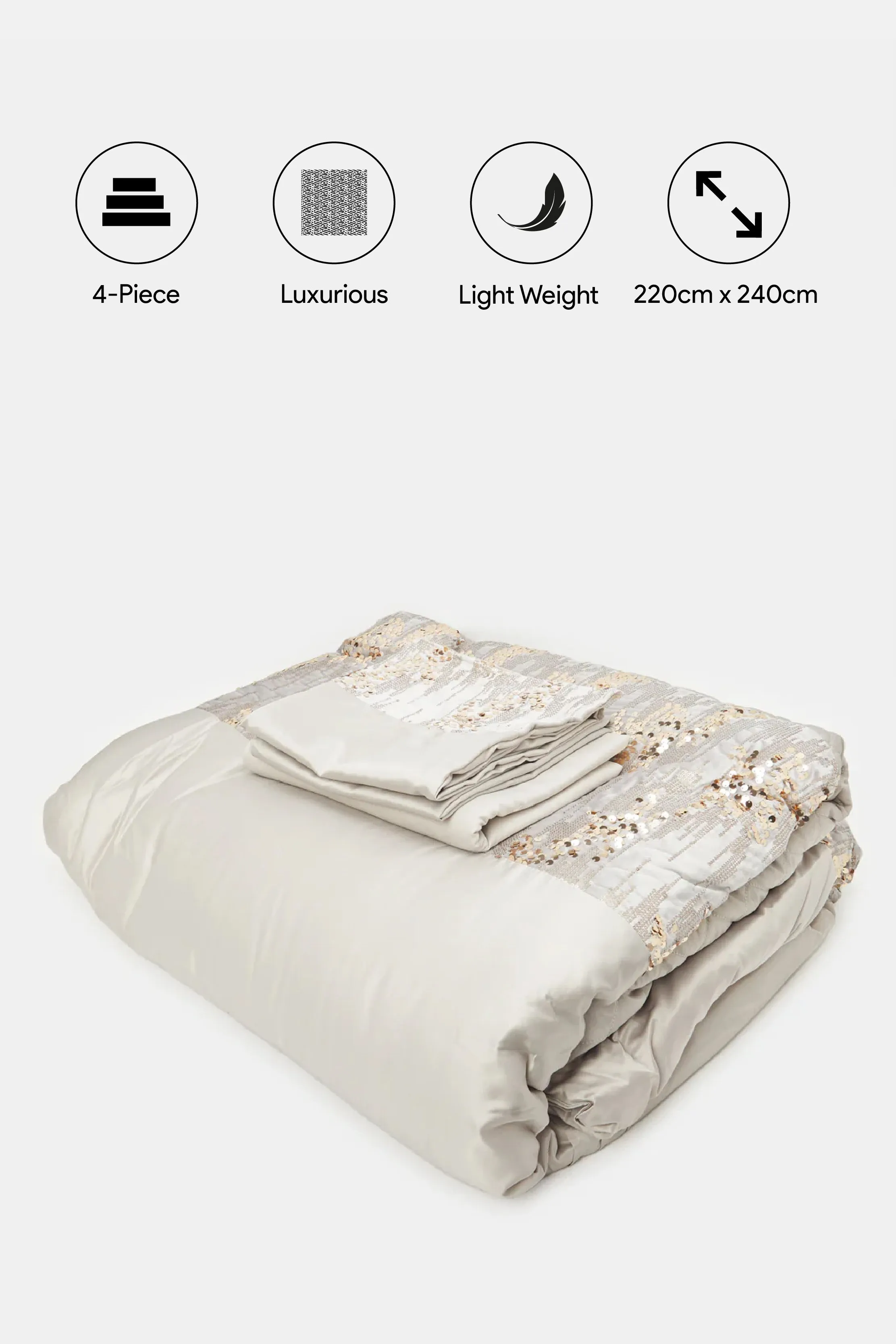 Beige And Gold 4 Piece Sequin Comforter Set (Double Size)