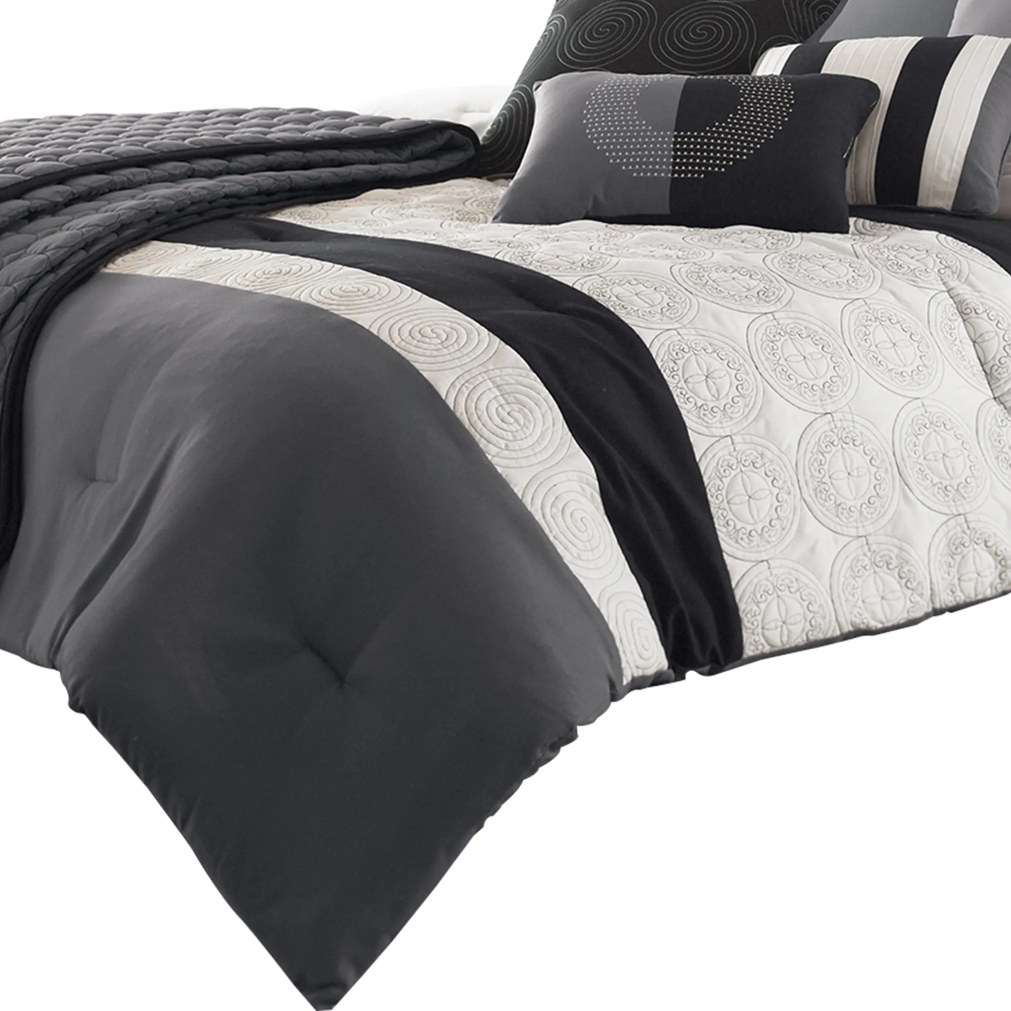 Benzara 7 Piece Queen Cotton Comforter Set with Geometric Print, Gray and Black