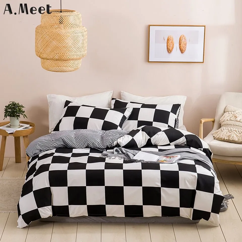 Black And White Bedding Set - Grid Lattice Bed Linen - Summer Duvet Sets