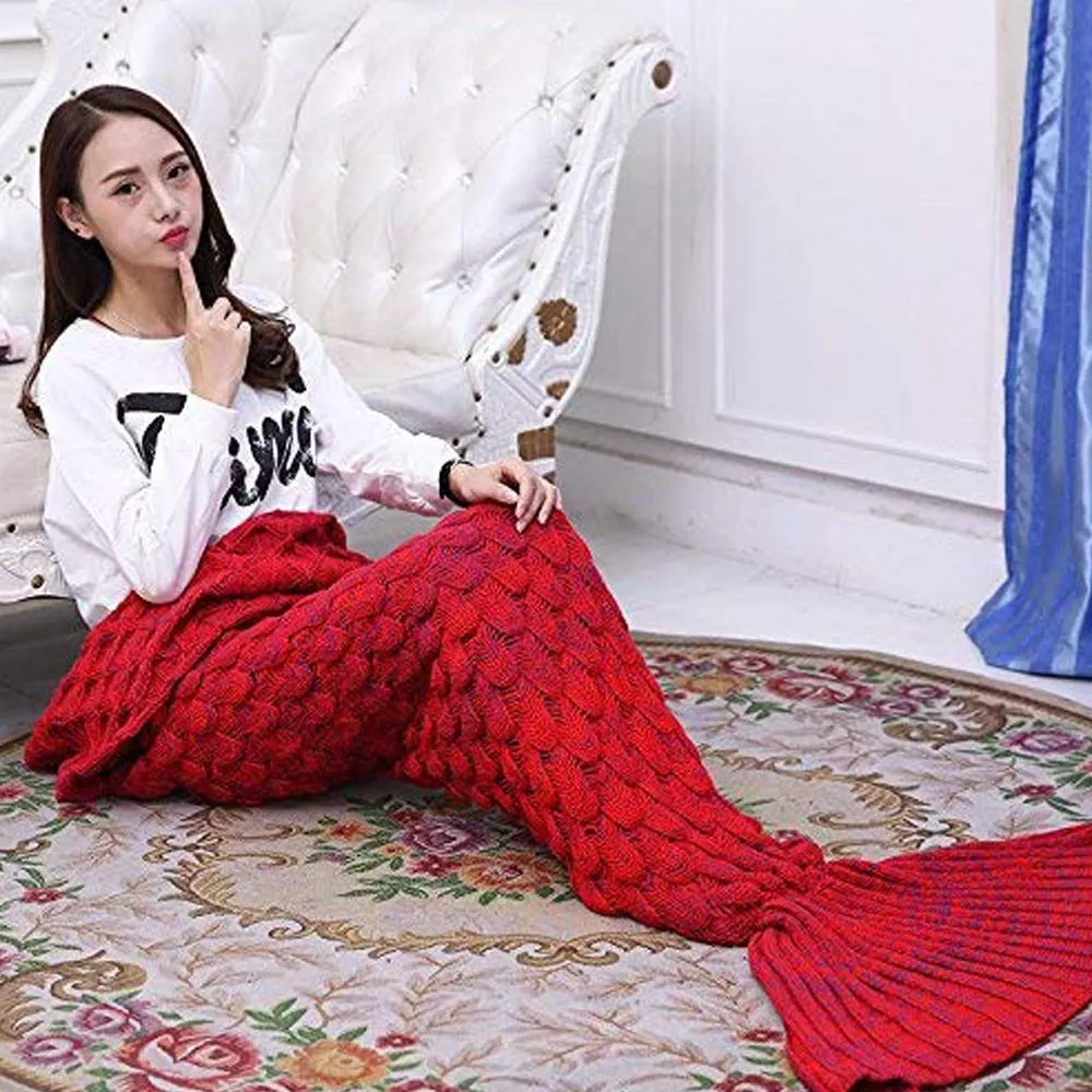 BonZeal Pack of 1 Woollen Knitted Warm Winter Red Large Mermaid Fish Tail Blanket 195 x 95cm for Crochet Couch Sofa