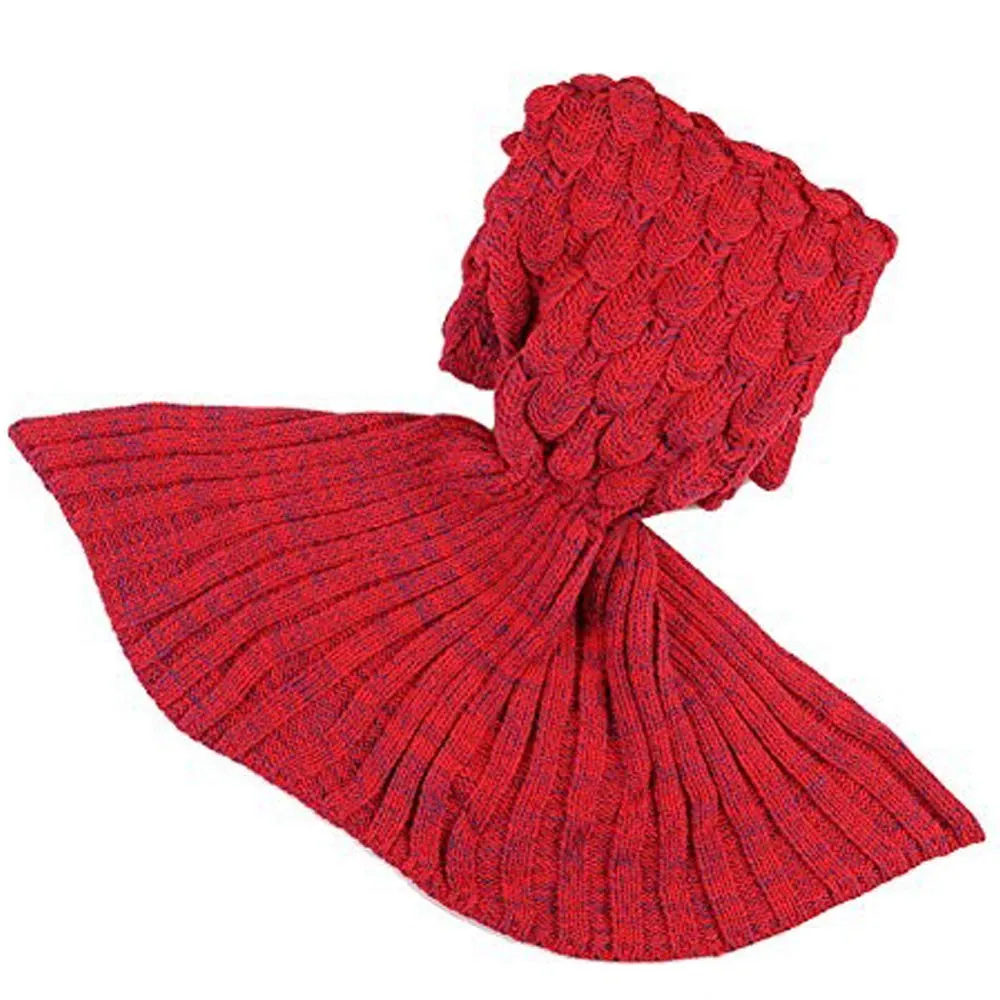 BonZeal Pack of 1 Woollen Knitted Warm Winter Red Large Mermaid Fish Tail Blanket 195 x 95cm for Crochet Couch Sofa