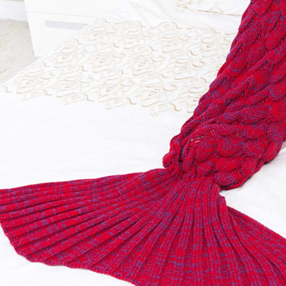 BonZeal Pack of 1 Woollen Knitted Warm Winter Red Large Mermaid Fish Tail Blanket 195 x 95cm for Crochet Couch Sofa