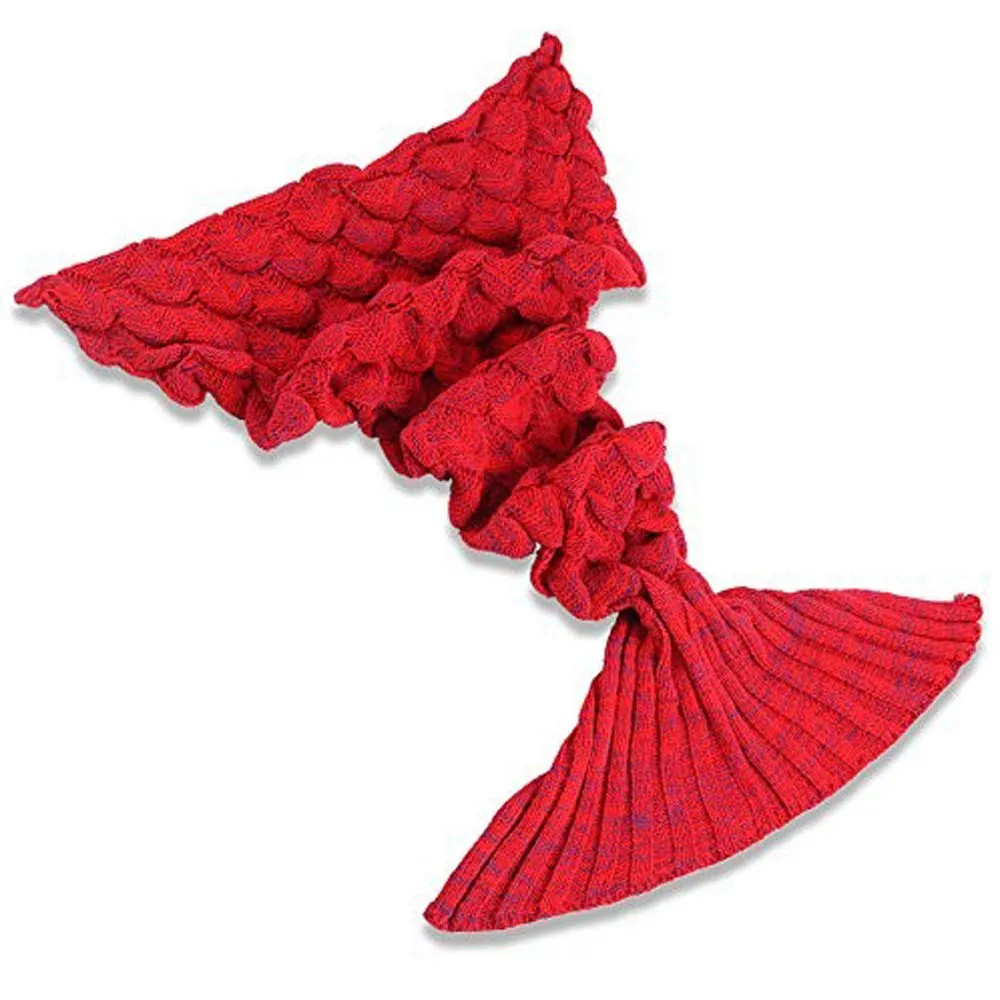 BonZeal Pack of 1 Woollen Knitted Warm Winter Red Large Mermaid Fish Tail Blanket 195 x 95cm for Crochet Couch Sofa