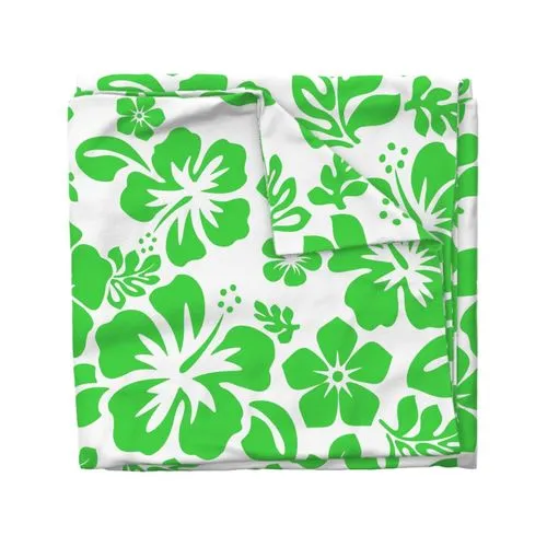 Bright Lime Green Hawaiian and Hibiscus Flowers on White Duvet Cover -Medium Scale