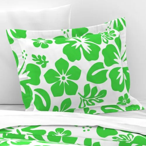 Bright Lime Green Hawaiian and Hibiscus Flowers on White Duvet Cover -Medium Scale