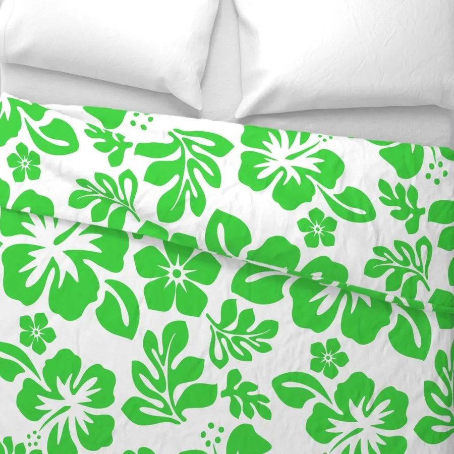 Bright Lime Green Hawaiian and Hibiscus Flowers on White Duvet Cover -Medium Scale