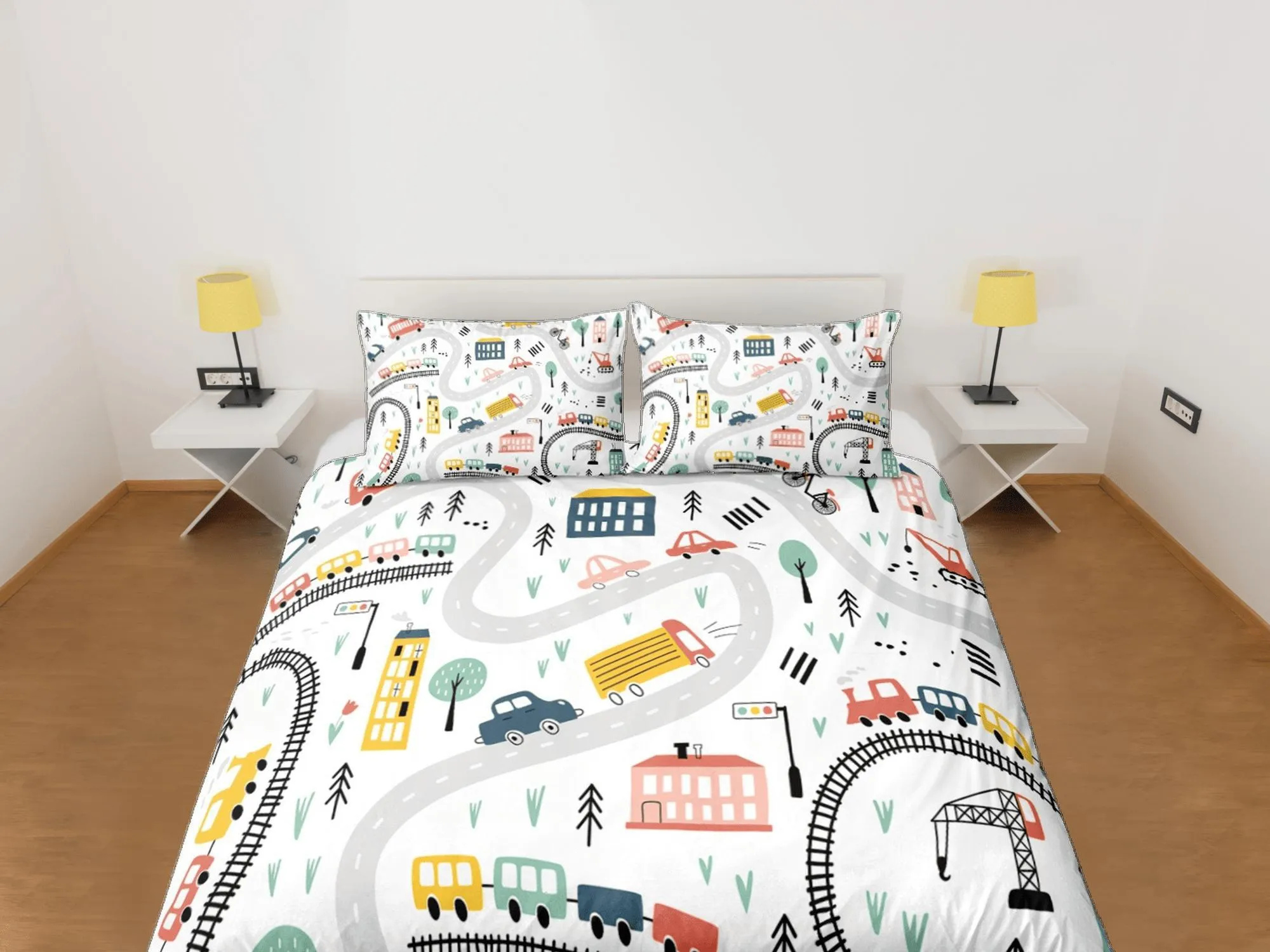 Cars Roads Train Rails Kids Duvet Cover Set Bedspread, Boys Bedding with Pillowcase