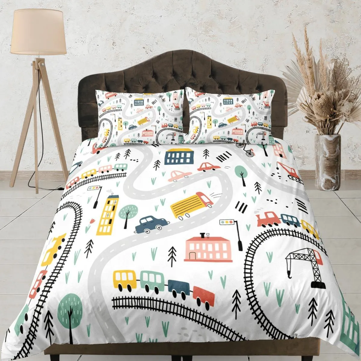 Cars Roads Train Rails Kids Duvet Cover Set Bedspread, Boys Bedding with Pillowcase