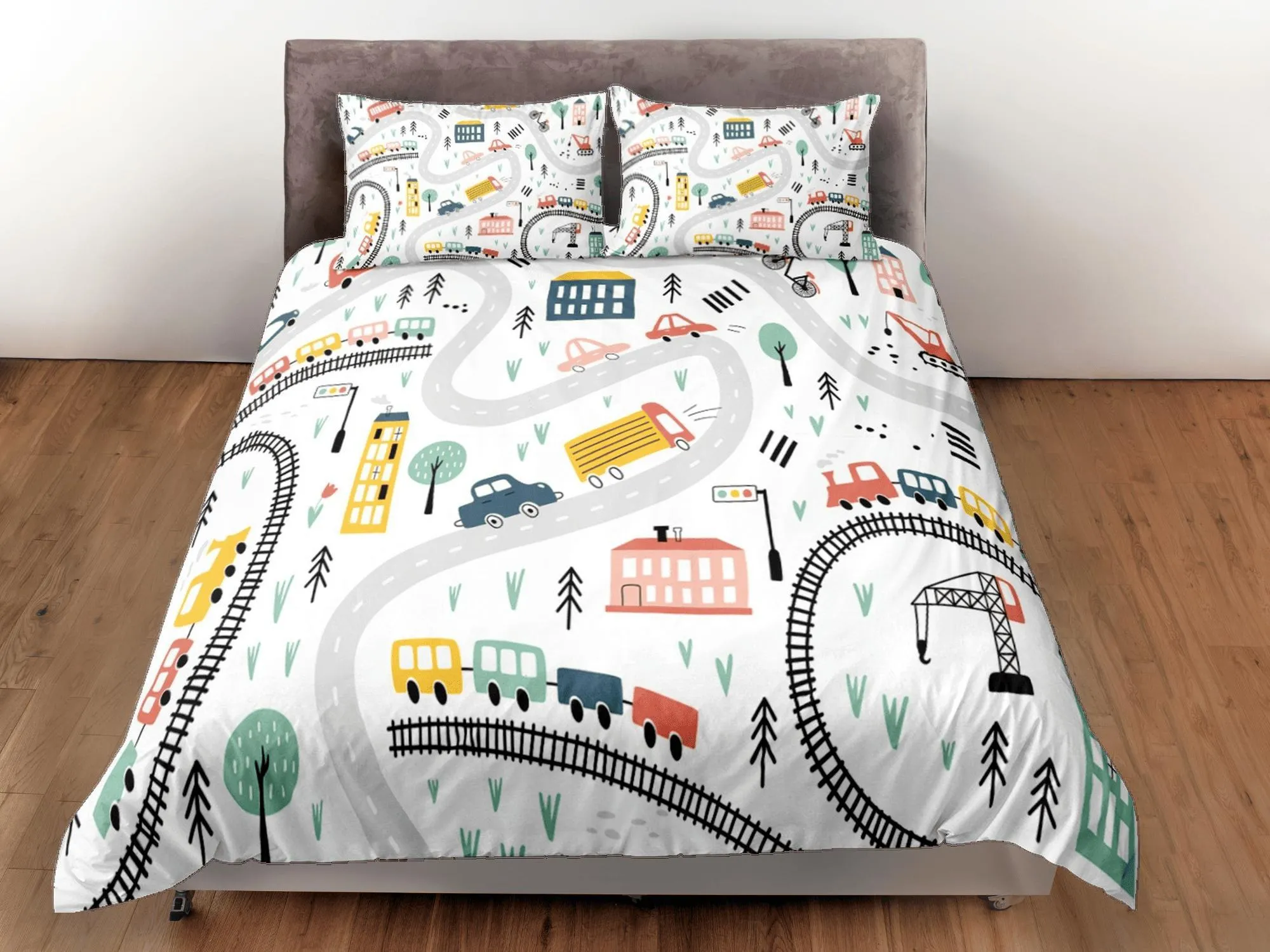 Cars Roads Train Rails Kids Duvet Cover Set Bedspread, Boys Bedding with Pillowcase