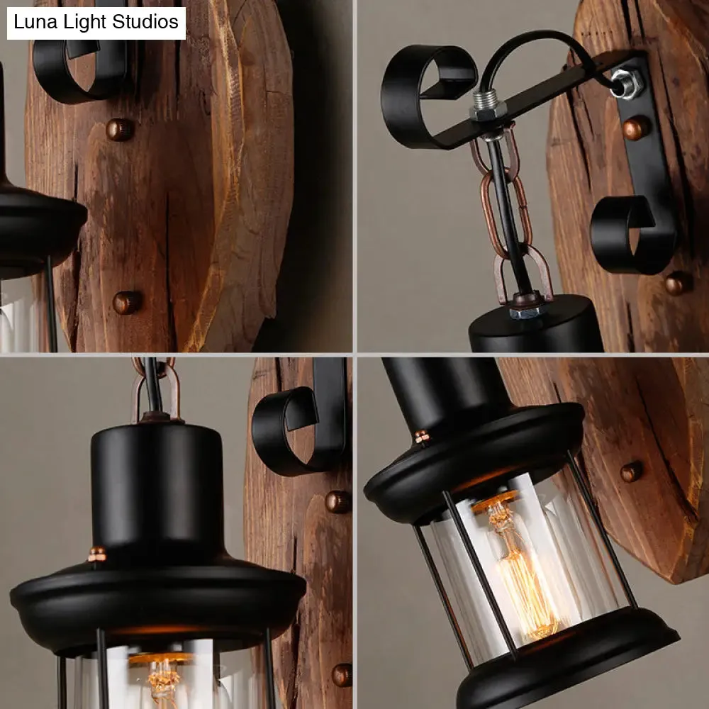 Coastal Wood and Black Lantern Sconce: Wall Lamp for Corridor