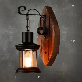 Coastal Wood and Black Lantern Sconce: Wall Lamp for Corridor