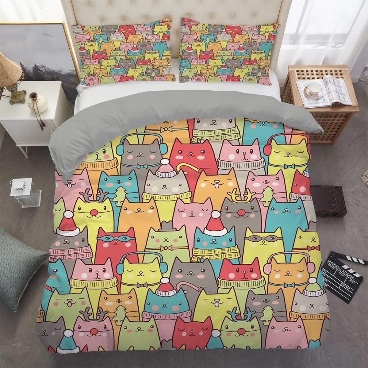 Colorful cat bedding, toddler bedding, kids duvet cover set, gift for cat lovers, baby bedding, baby shower gift, kawaii bedding