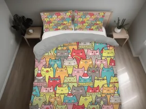 Colorful cat bedding, toddler bedding, kids duvet cover set, gift for cat lovers, baby bedding, baby shower gift, kawaii bedding