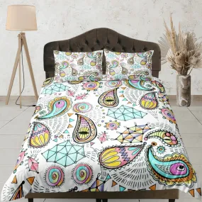 Colorful doodle paisley duvet cover set, aesthetic room decor bedding set full, king, queen size, abstract boho bedspread, luxury bed cover