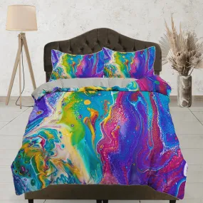 Contemporary bedroom set colorful painted aesthetic duvet cover, alcohol ink abstract art room decor boho chic bedding set full king queen