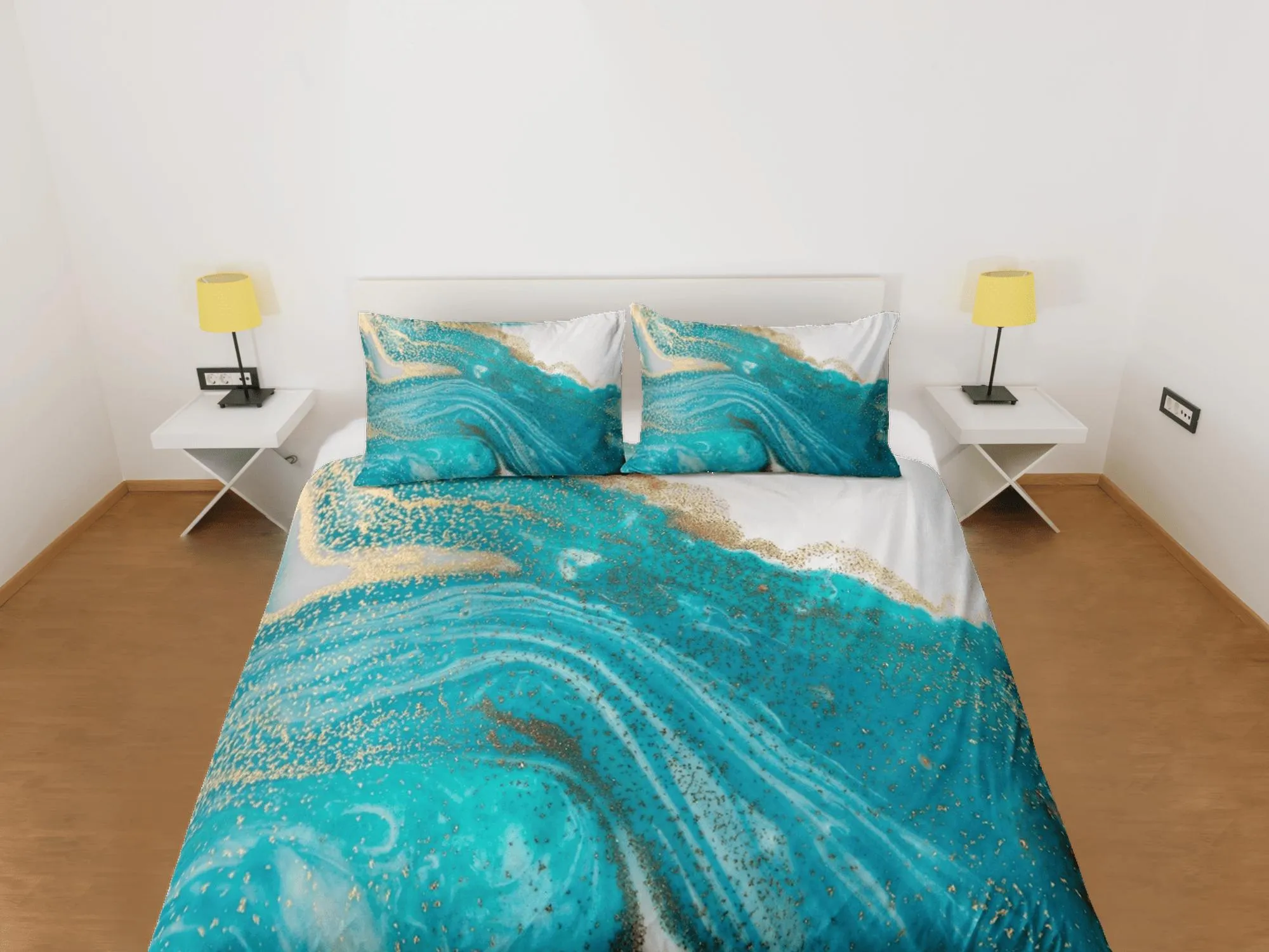 Contemporary bedroom set turquoise aesthetic duvet cover, luxury gold marble abstract art room decor boho chic bedding set full king queen