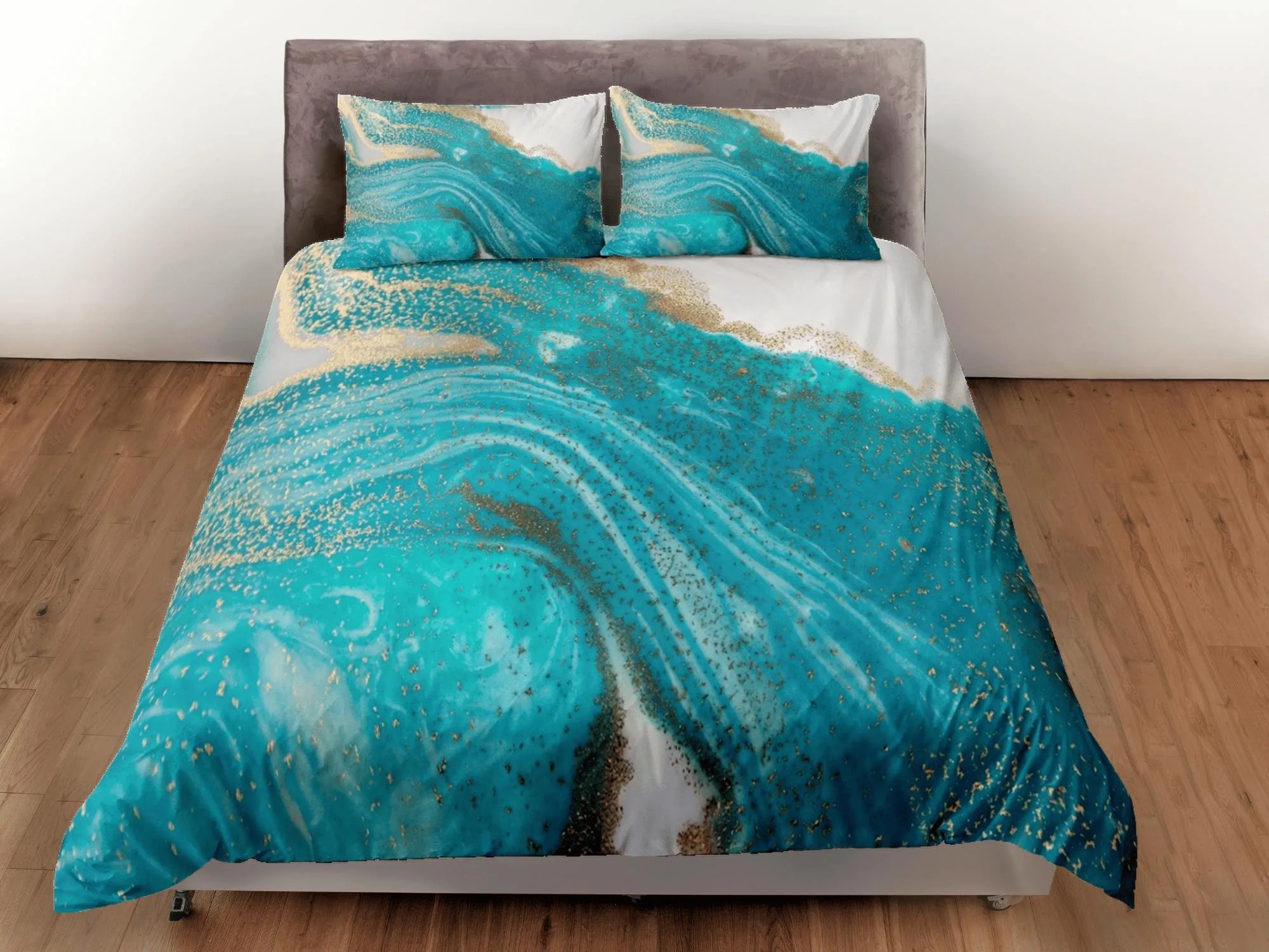 Contemporary bedroom set turquoise aesthetic duvet cover, luxury gold marble abstract art room decor boho chic bedding set full king queen