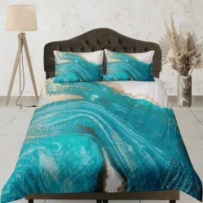 Contemporary bedroom set turquoise aesthetic duvet cover, luxury gold marble abstract art room decor boho chic bedding set full king queen