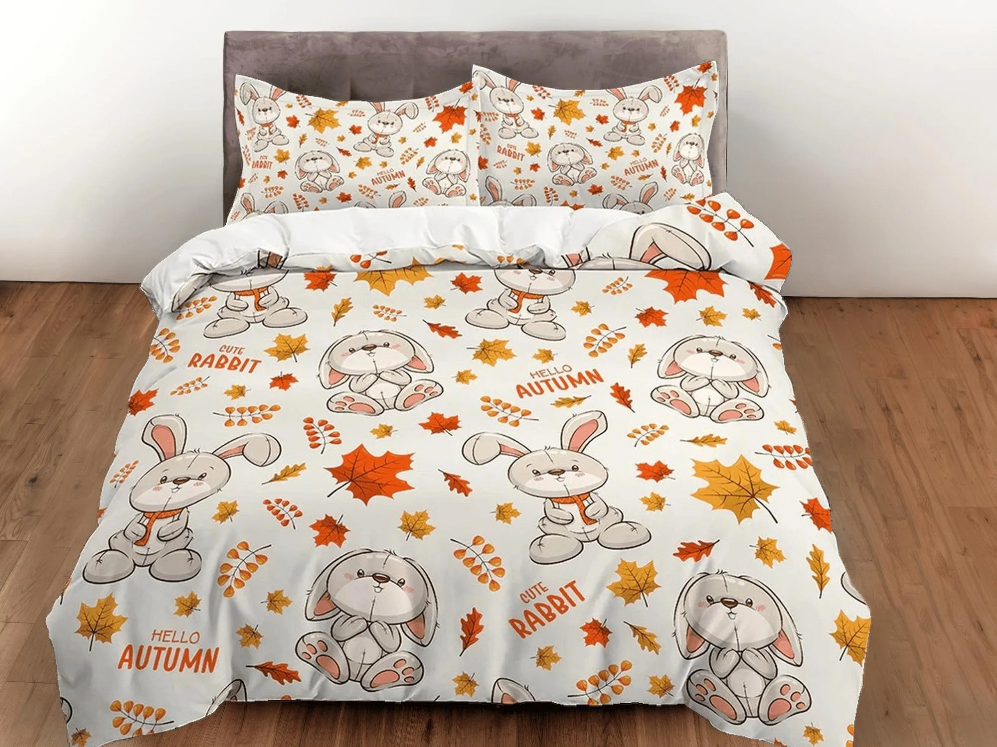 Cute Grey Bunny Hello Autumn Toddler Bedding, Unique Duvet Cover for Nursery Kids, Crib Bedding, Baby Zipper Bedding, King Queen Full Twin