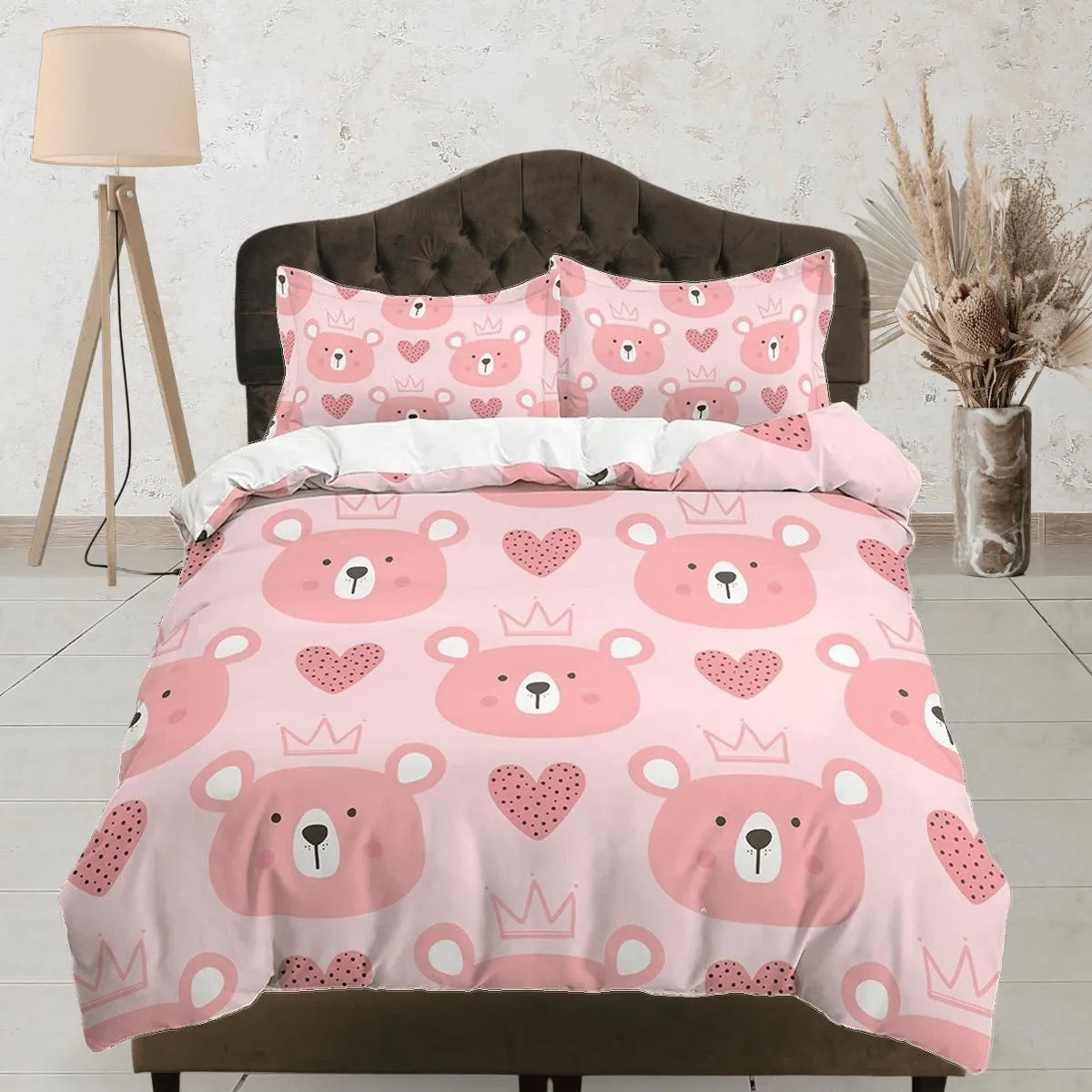 Cute princess bear pink girl toddler bedding, duvet cover for nursery kids, crib bedding, baby zipper bedding, king queen full twin